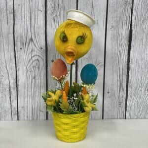 Vtg Easter Flocked Duck In Basket Flocked Chicks & Eggs Flowers Decor Hong Kong